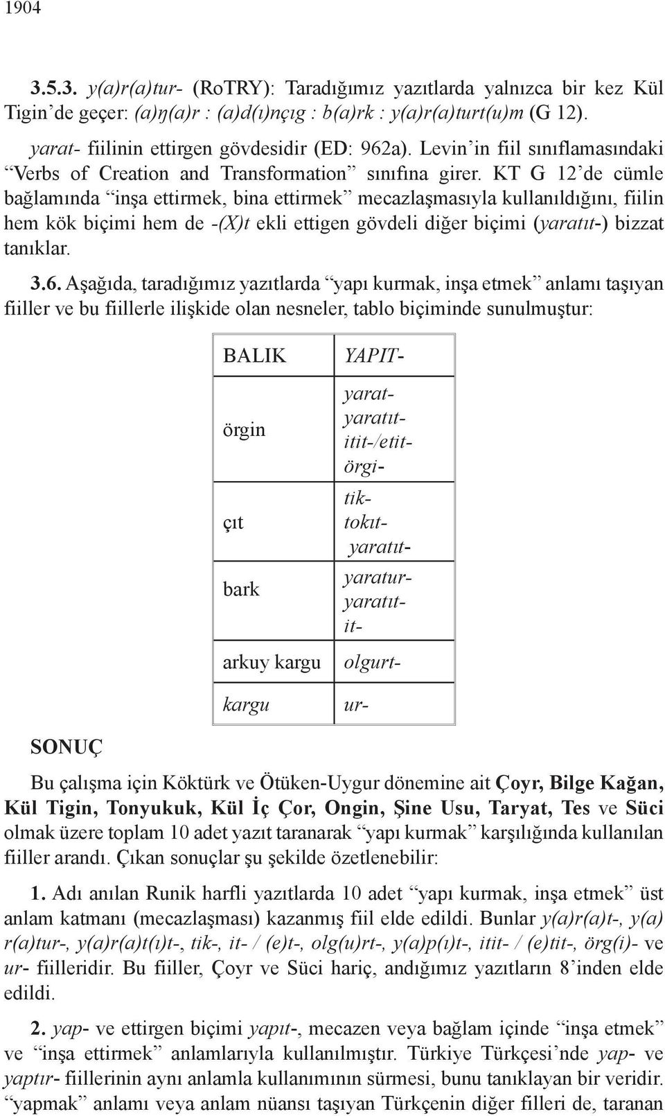 KT G 12 de cümle bağlamında inşa ettirmek, bina ettirmek mecazlaşmasıyla kullanıldığını, fiilin hem kök biçimi hem de -(X)t ekli ettigen gövdeli diğer biçimi (yaratıt-) bizzat tanıklar. 3.6.