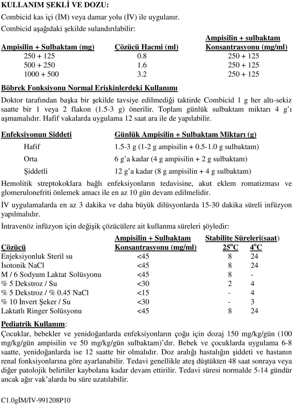 2 250 + 125 Böbrek Fonksiyonu Normal Erişkinlerdeki Kullanımı Doktor tarafından başka bir şekilde tavsiye edilmediği taktirde Combicid 1 g her altı-sekiz saatte bir 1 veya 2 flakon (1.5-3 g) önerilir.