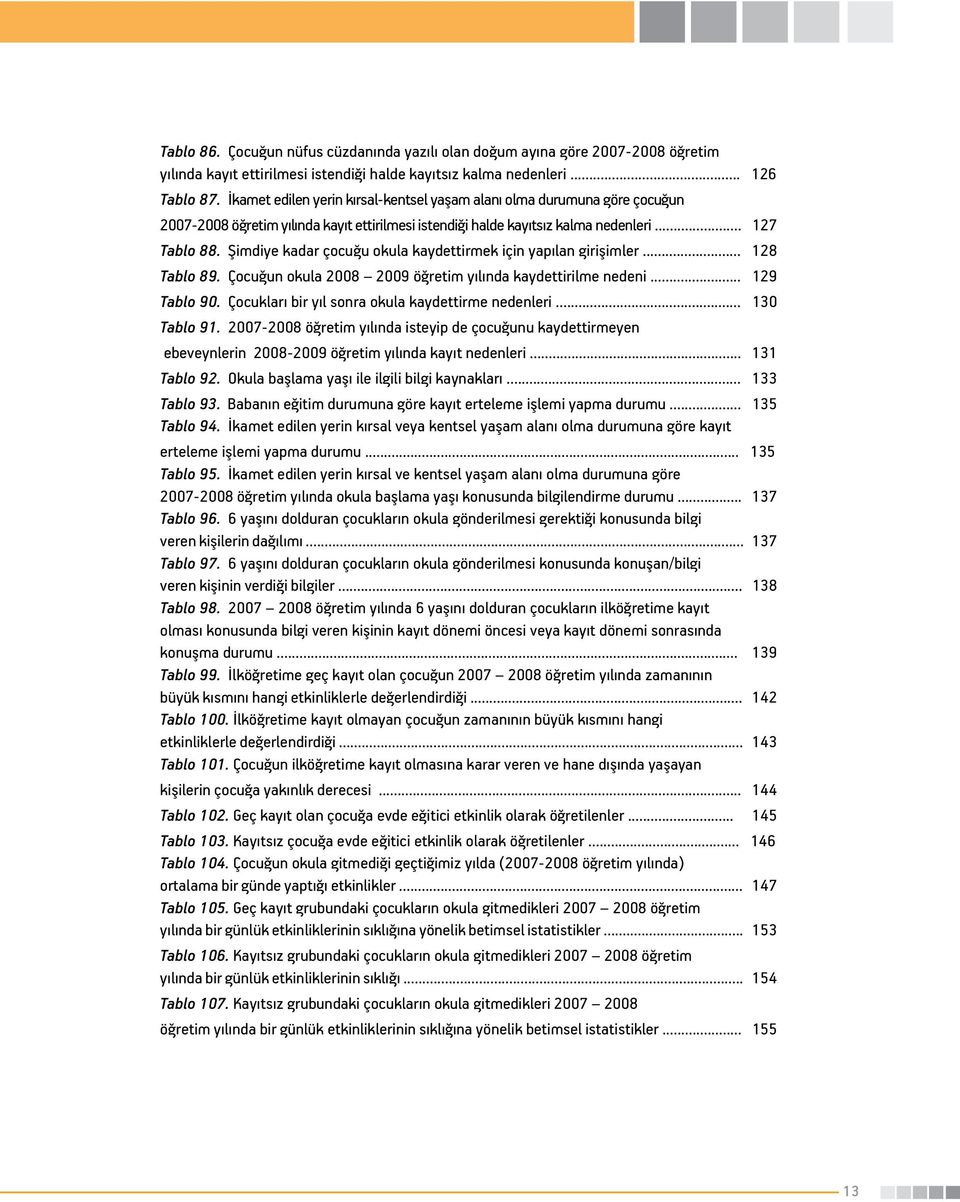 Şimdiye kadar çocuğu okula kaydettirmek için yapılan girişimler... 128 Tablo 89. Çocuğun okula 2008 2009 öğretim yılında kaydettirilme nedeni... 129 Tablo 90.