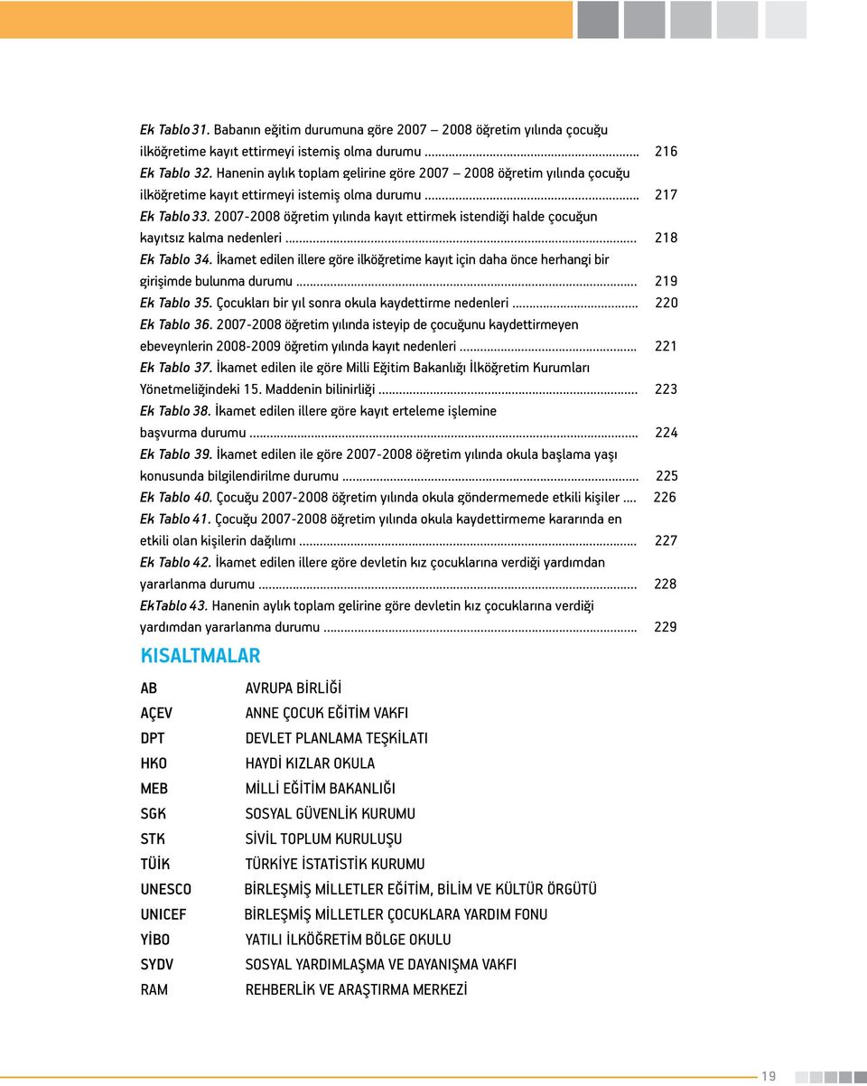 2007-2008 öğretim yılında kayıt ettirmek istendiği halde çocuğun kayıtsız kalma nedenleri... 218 Ek Tablo 34.