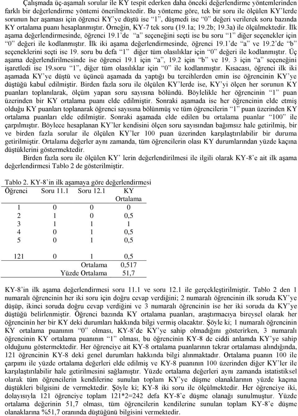 Örneğin, KY-7 tek soru (19.1a; 19.2b; 19.3a) ile ölçülmektedir. İlk aşama değerlendirmesinde, öğrenci 19.1 de a seçeneğini seçti ise bu soru 1 diğer seçenekler için 0 değeri ile kodlanmıştır.