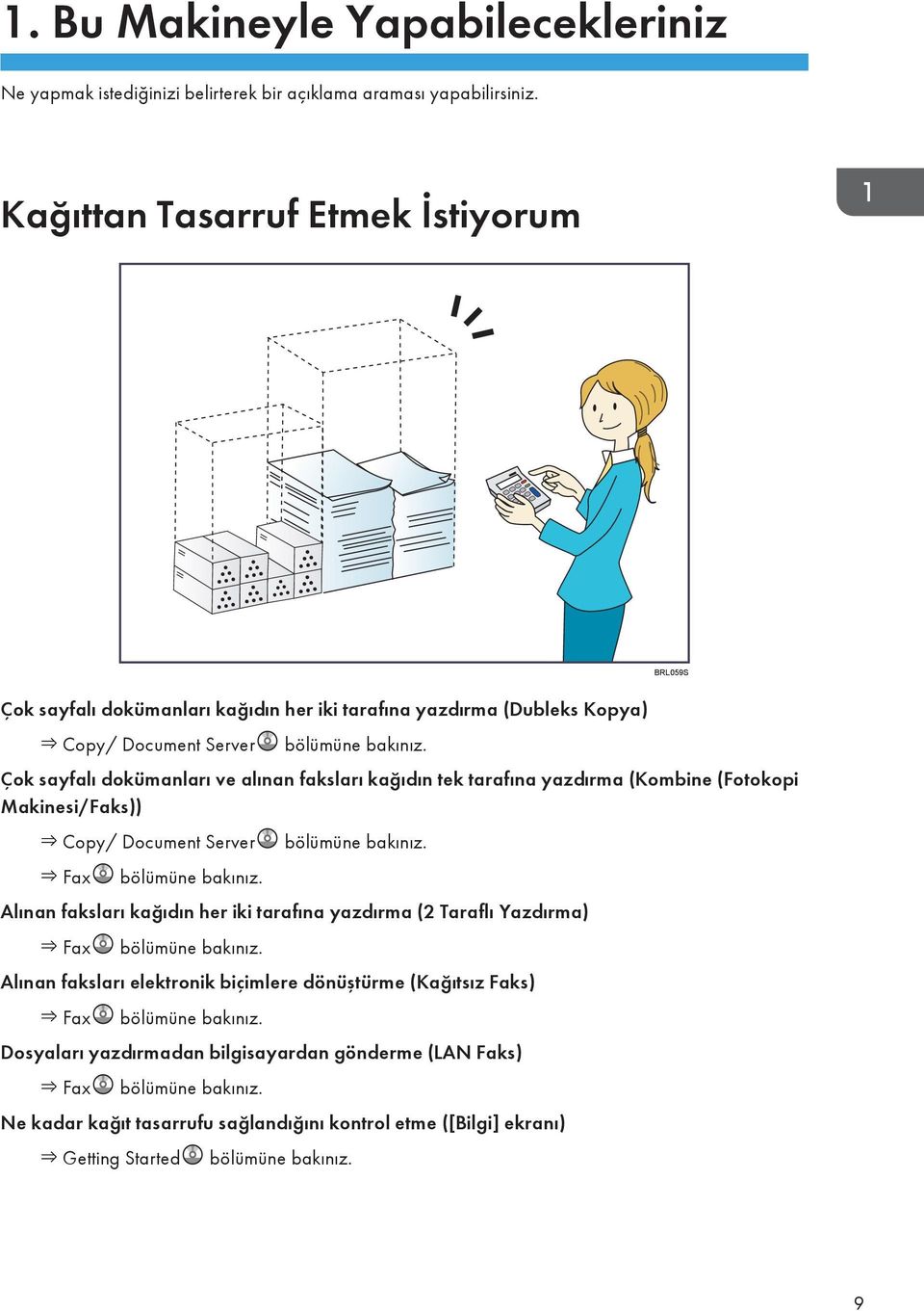 Çok sayfalı dokümanları ve alınan faksları kağıdın tek tarafına yazdırma (Kombine (Fotokopi Makinesi/Faks)) Copy/ Document Server bölümüne bakınız. Fax bölümüne bakınız.