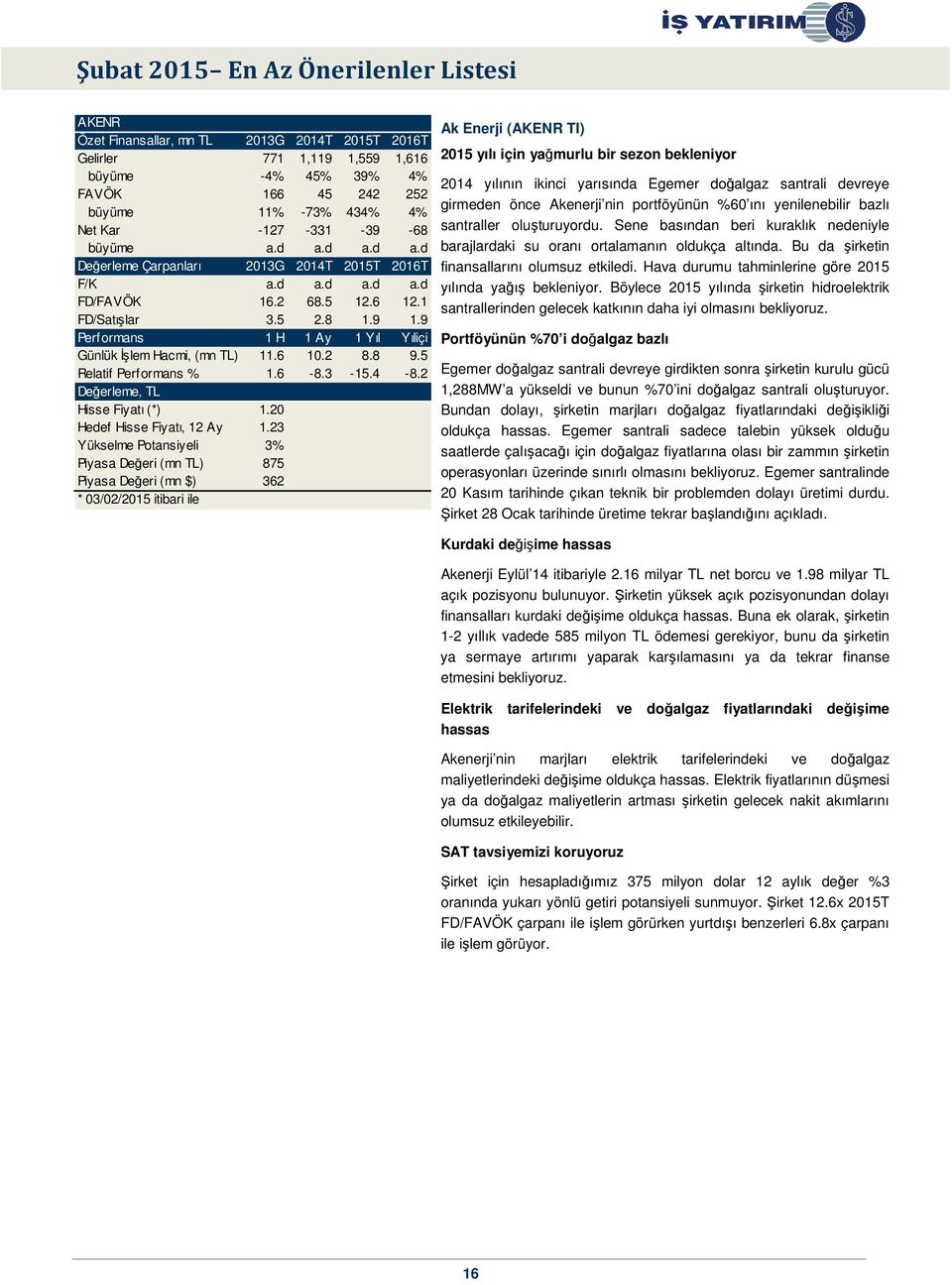 23 Yükselme Potansiyeli 3% Piyasa Değeri (mn TL) 875 Piyasa Değeri (mn $) 362 Ak Enerji (AKENR TI) 2015 yılı için yağmurlu bir sezon bekleniyor 2014 yılının ikinci yarısında Egemer doğalgaz santrali