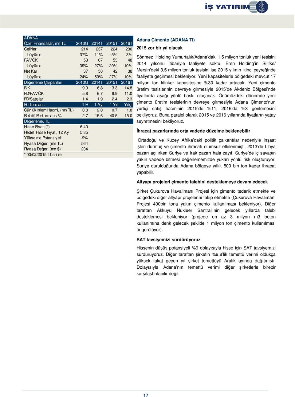 85 Yükselme Potansiyeli -9% Piyasa Değeri (mn TL) 564 Piyasa Değeri (mn $) 234 Adana Çimento (ADANA TI) 2015 zor bir yıl olacak Sönmez Holding Yumurtalık/Adana daki 1,5 milyon tonluk yeni tesisini