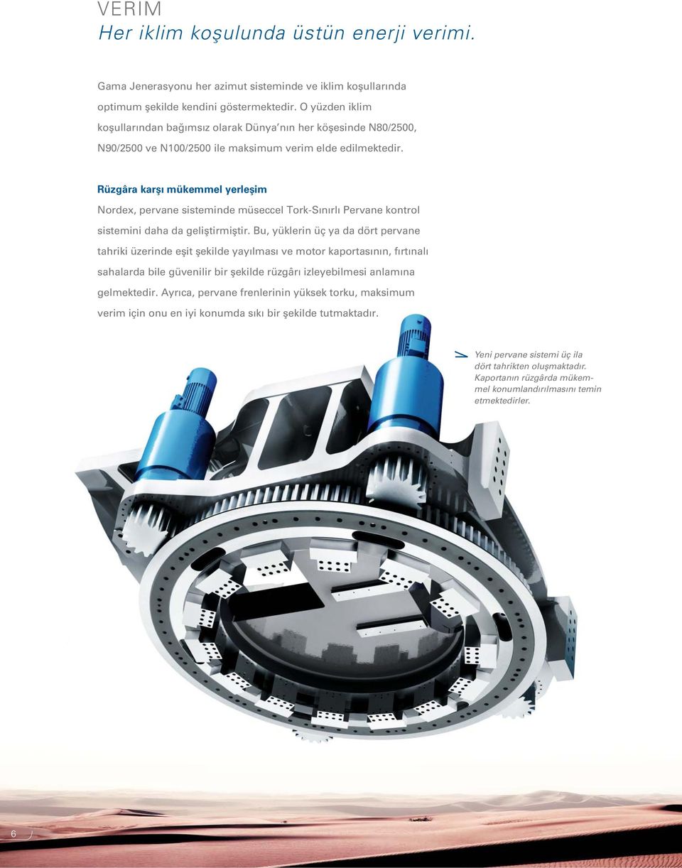 Rüzgâra karşı mükemmel yerleşim Nordex, pervane sisteminde müseccel Tork-Sınırlı Pervane kontrol sistemini daha da geliştirmiştir.