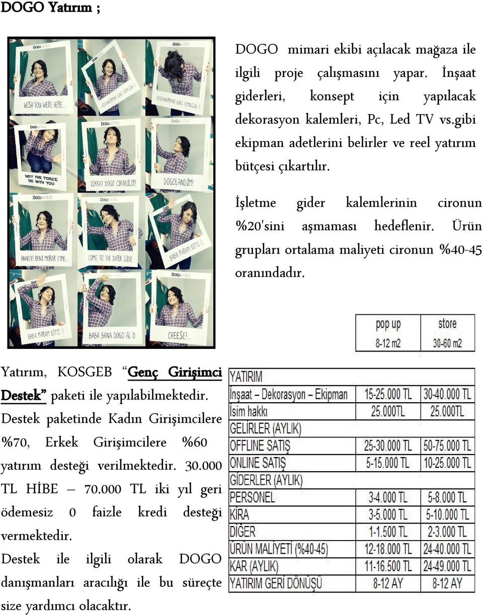 Ürün grupları ortalama maliyeti cironun %40-45 oranındadır. Yatırım, KOSGEB Genç Girişimci Destek paketi ile yapılabilmektedir.