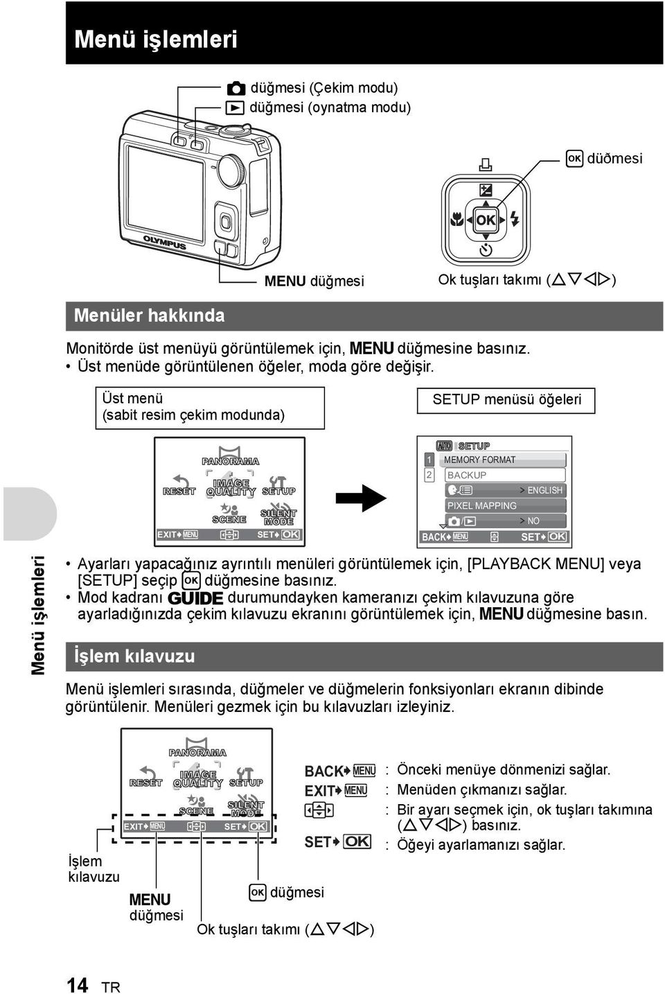 Üst menü (sabit resim çekim modunda) SETUP menüsü öğeleri Menü işlemleri RESET EXIT MENU Ayarları yapacağınız ayrıntılı menüleri görüntülemek için, [PLAYBACK MENU] veya [SETUP] seçip H düğmesine