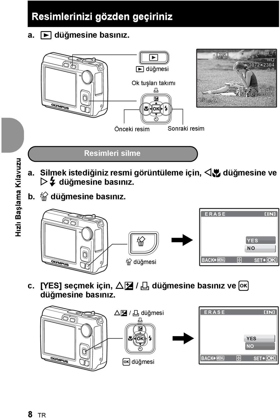 Silmek istediğiniz resmi görüntüleme için, X& düğmesine ve Y# düğmesine basınız. b. S düğmesine basınız.