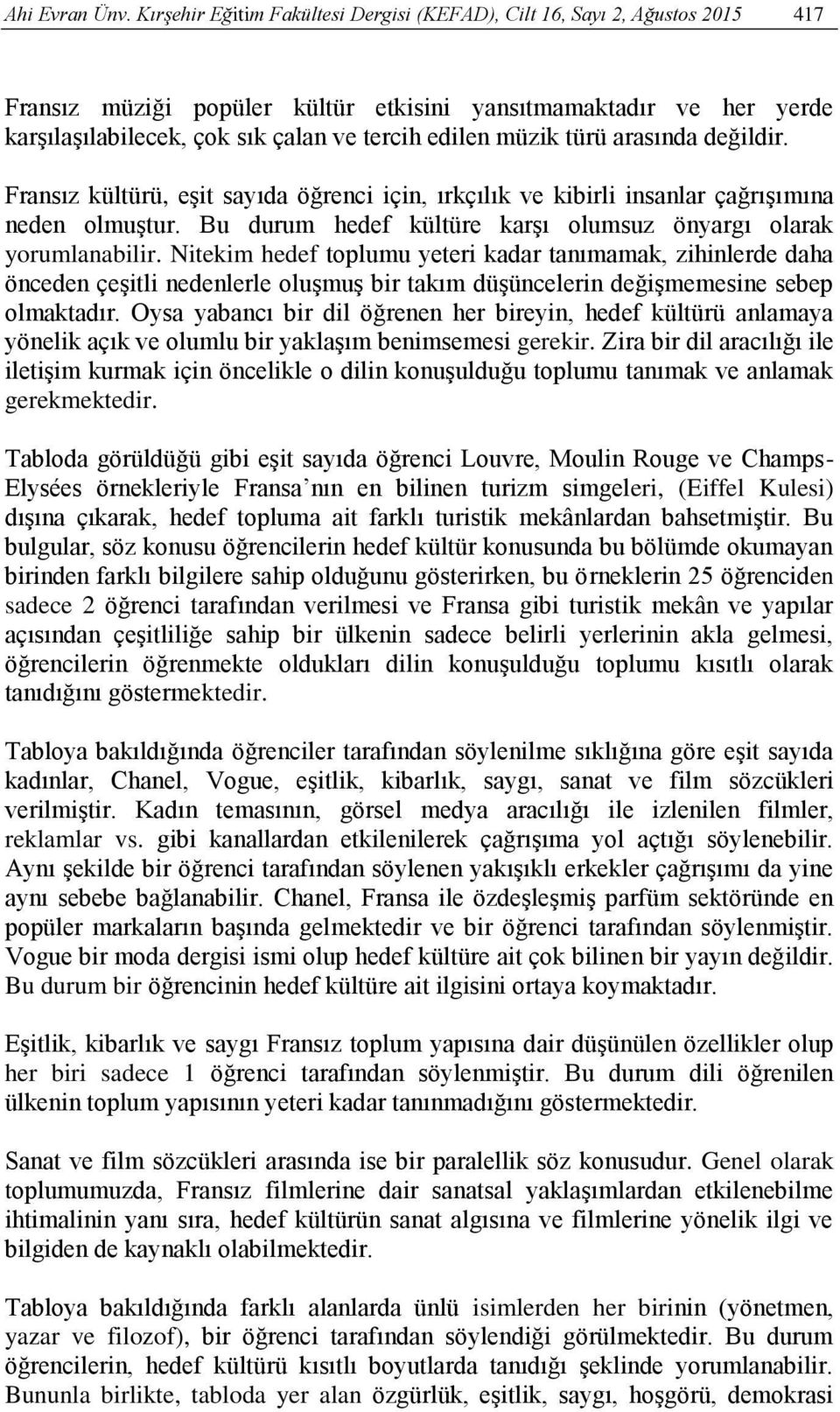 müzik türü arasında değildir. Fransız kültürü, eşit sayıda öğrenci için, ırkçılık ve kibirli insanlar çağrışımına neden olmuştur. Bu durum hedef kültüre karşı olumsuz önyargı olarak yorumlanabilir.