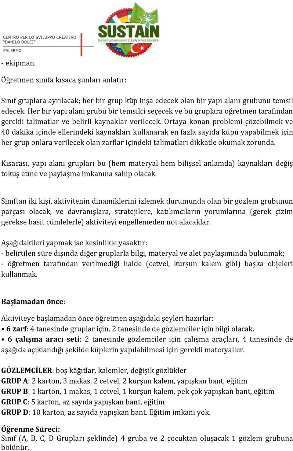 Ortaya konan problemi çözebilmek ve 40 dakika içinde ellerindeki kaynakları kullanarak en fazla sayıda küpü yapabilmek için her grup onlara verilecek olan zarflar içindeki talimatları dikkatle okumak