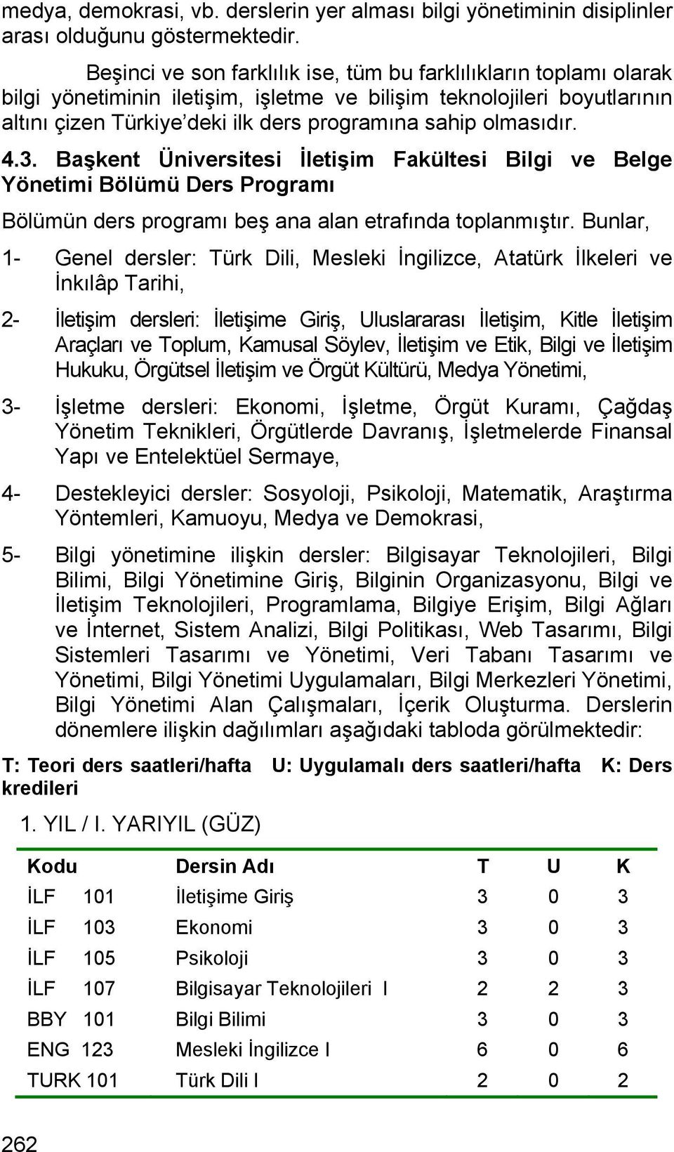 olmasıdır. 4.3. Başkent Üniversitesi İletişim Fakültesi Bilgi ve Belge Yönetimi Bölümü Ders Programı Bölümün ders programı beş ana alan etrafında toplanmıştır.