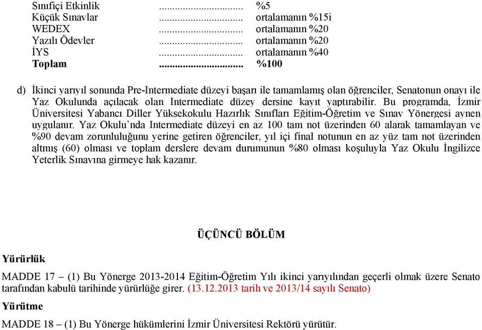 Bu programda, İzmir Üniversitesi Yabancı Diller Yüksekokulu Hazırlık Sınıfları Eğitim-Öğretim ve Sınav Yönergesi aynen uygulanır.