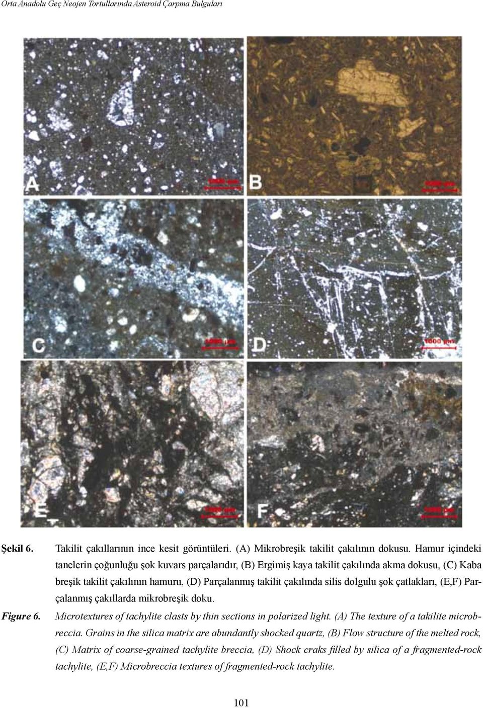 şok çatlakları, (E,F) Parçalanmış çakıllarda mikrobreşik doku. Microtextures of tachylite clasts by thin sections in polarized light. (A) The texture of a takilite microbreccia.