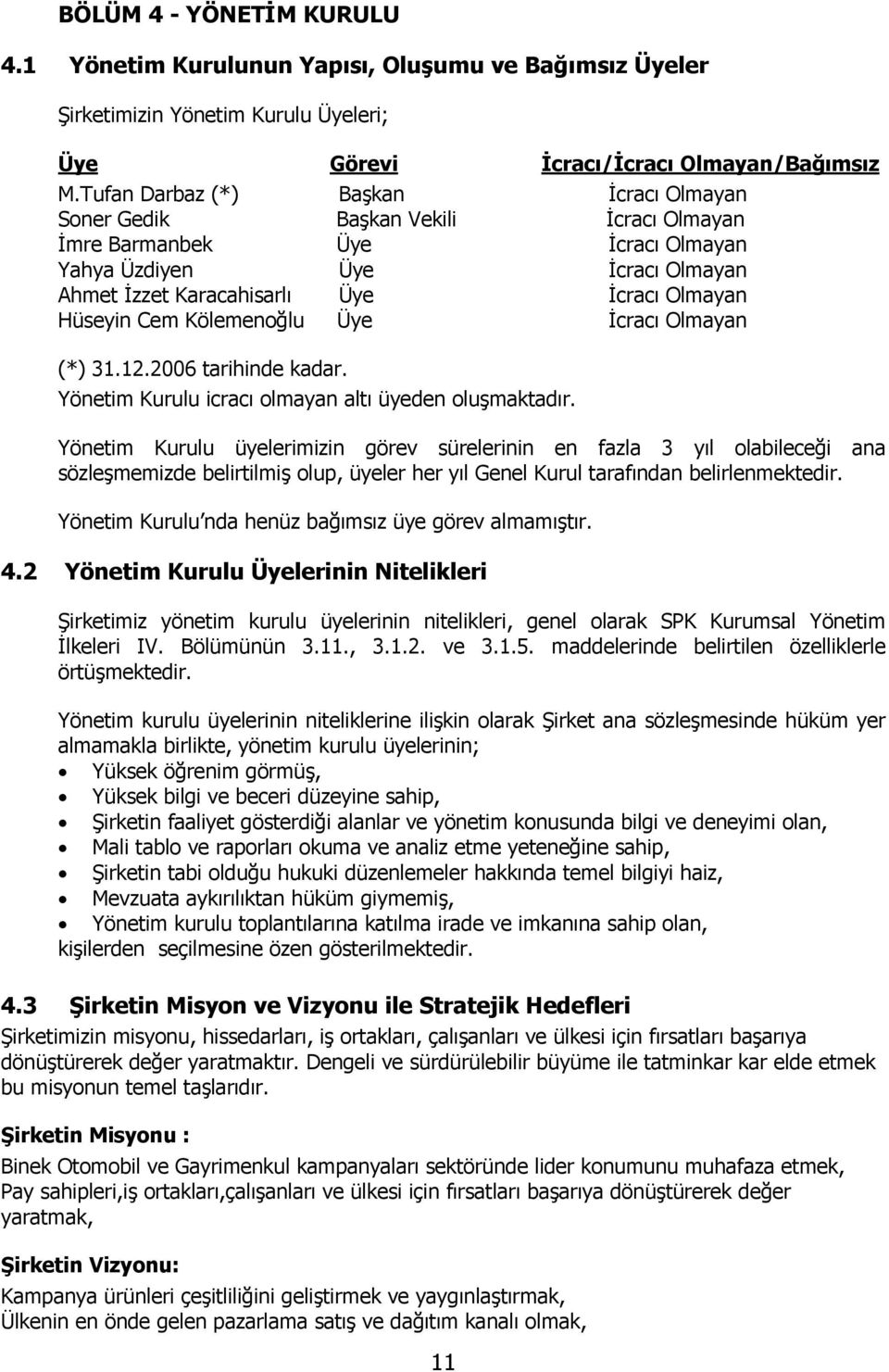 Cem Kölemenoğlu Üye İcracı Olmayan (*) 31.12.2006 tarihinde kadar. Yönetim Kurulu icracı olmayan altı üyeden oluşmaktadır.