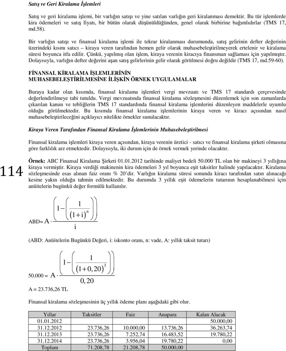 Bir varlığın satışı ve finansal kiralama işlemi ile tekrar kiralanması durumunda, satış gelirinin defter değerinin üzerindeki kısmı satıcı kiraya veren tarafından hemen gelir olarak