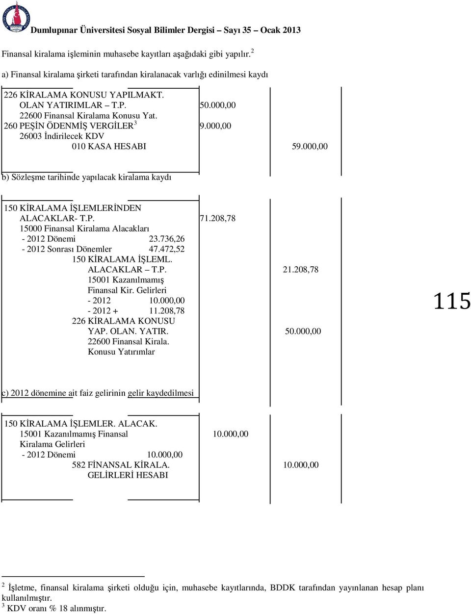 260 PEŞİN ÖDENMİŞ VERGİLER 3 9.000,00 26003 İndirilecek KDV 010 KASA HESABI 59.000,00 b) Sözleşme tarihinde yapılacak kiralama kaydı 150 KİRALAMA İŞLEMLERİNDEN ALACAKLAR- T.P. 71.