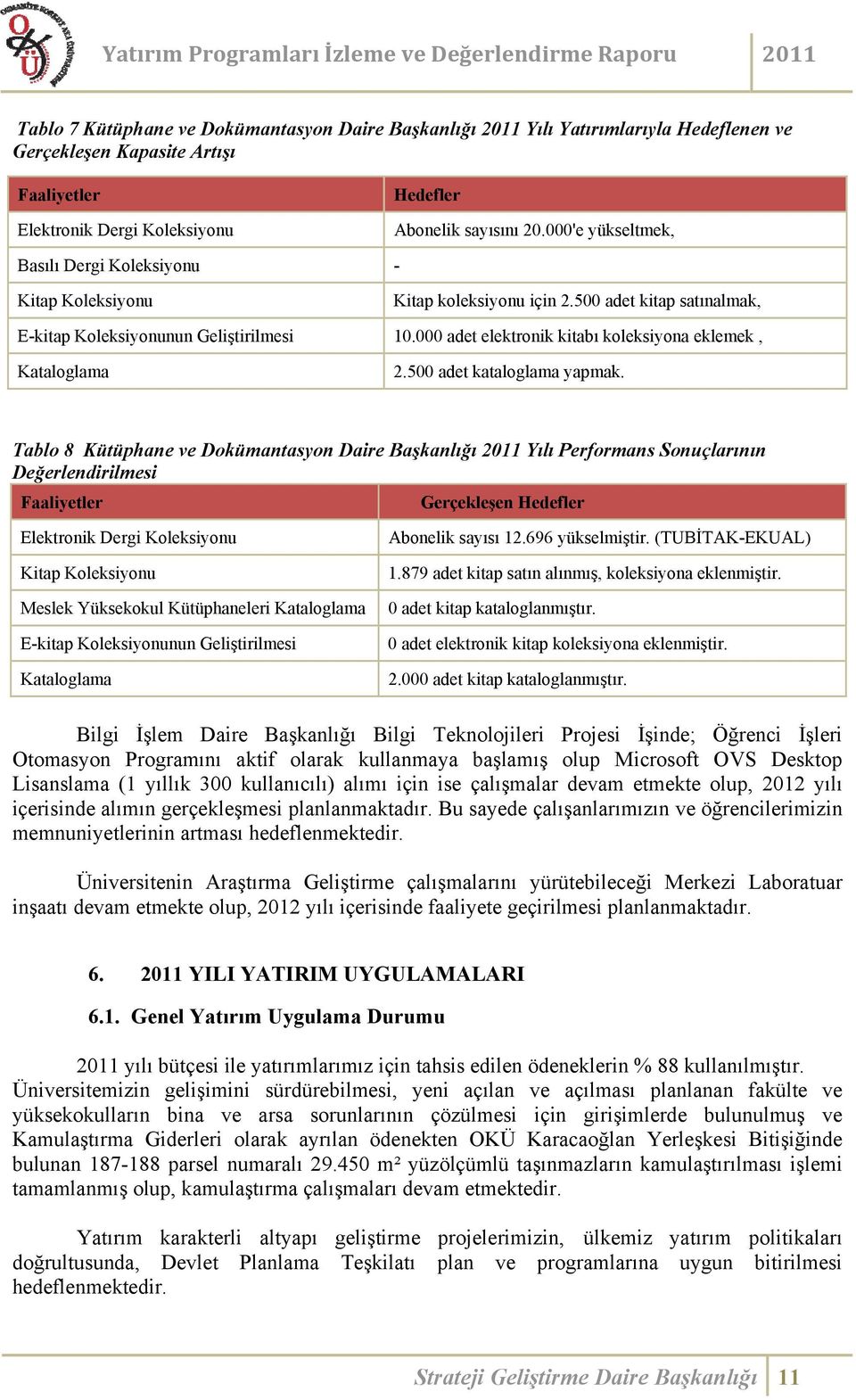 000 adet elektronik kitabı koleksiyona eklemek, Kataloglama 2.500 adet kataloglama yapmak.