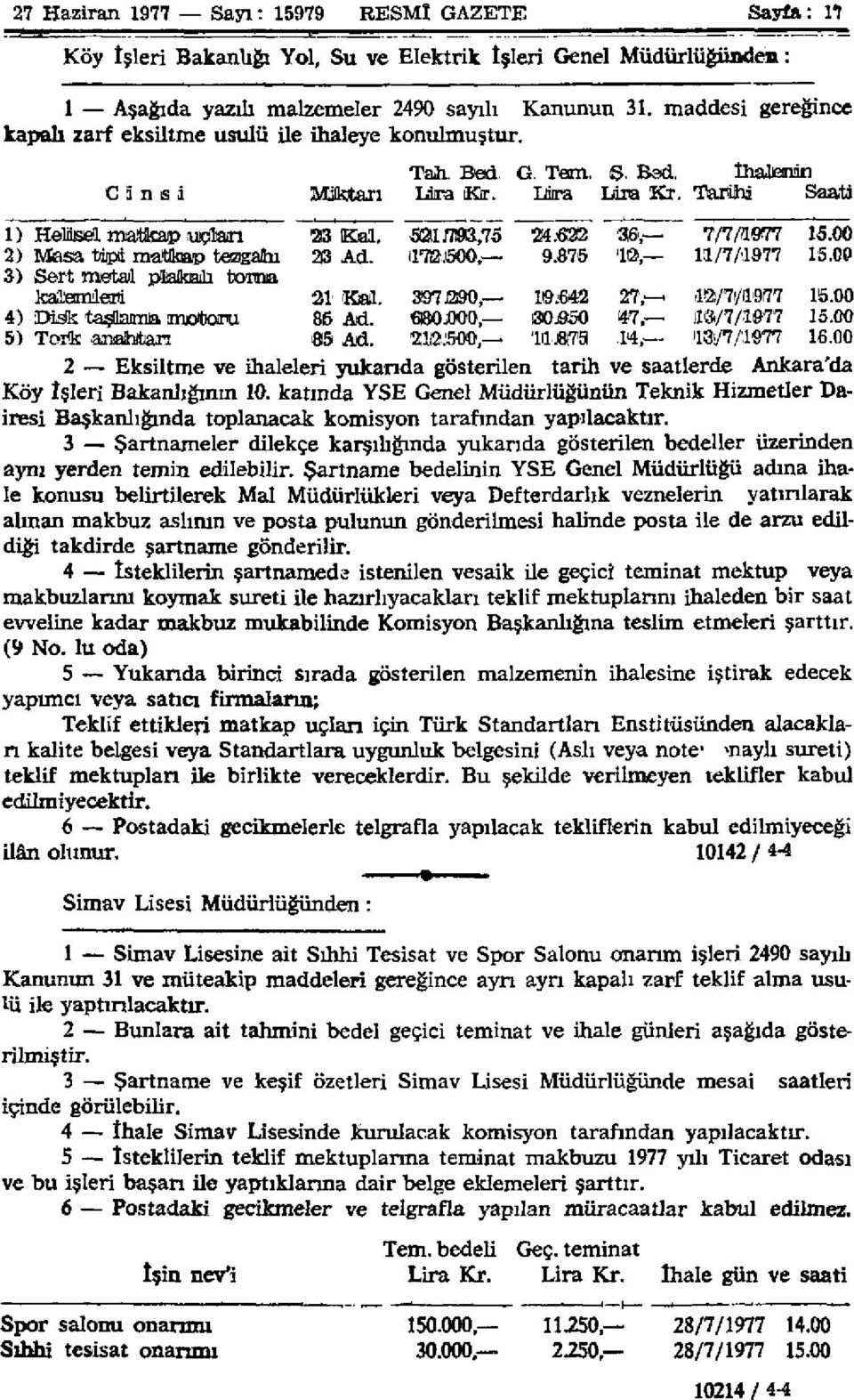 Lira Kr. G. Tem.. Bed. Iiıra lira Kr, İhalenin Tarihi Saati 1) Helisel matücap uçtan 2) Masa tipi matkap tezgahı 3) Sert metal plakalı torna kalemleri 4) DMÎ taslaıma motoru 5) Tork anahtarı 213 Kal.