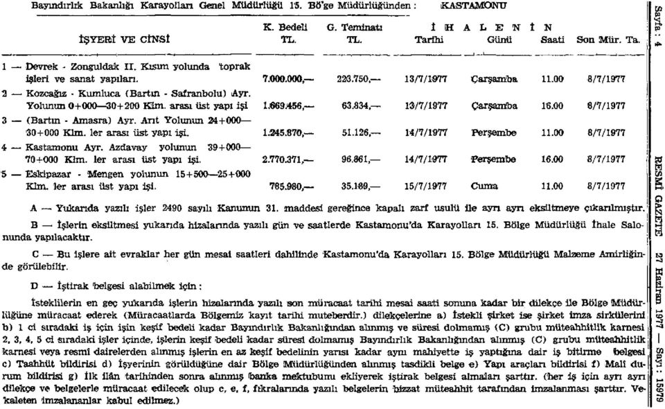 Azdavay yolunun 39+000 70+000 Kim. 1er arası üst yapı işi. 5 Eskipazar - Mengen yolunun 15 + 500 25+000 Kim. 1er arası üst yapı işi. K. Bedeli TL. 7.000.000, 1.669.456 1.245.870 2.770.371, 785.980, G.