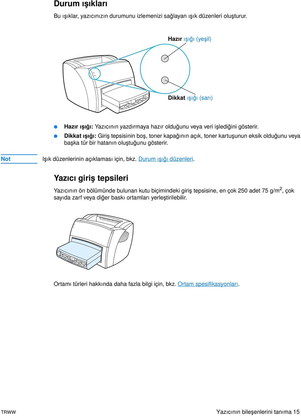 Dikkat ışığı: Giriş tepsisinin boş, toner kapağının açık, toner kartuşunun eksik olduğunu veya başka tür bir hatanın oluştuğunu gösterir.