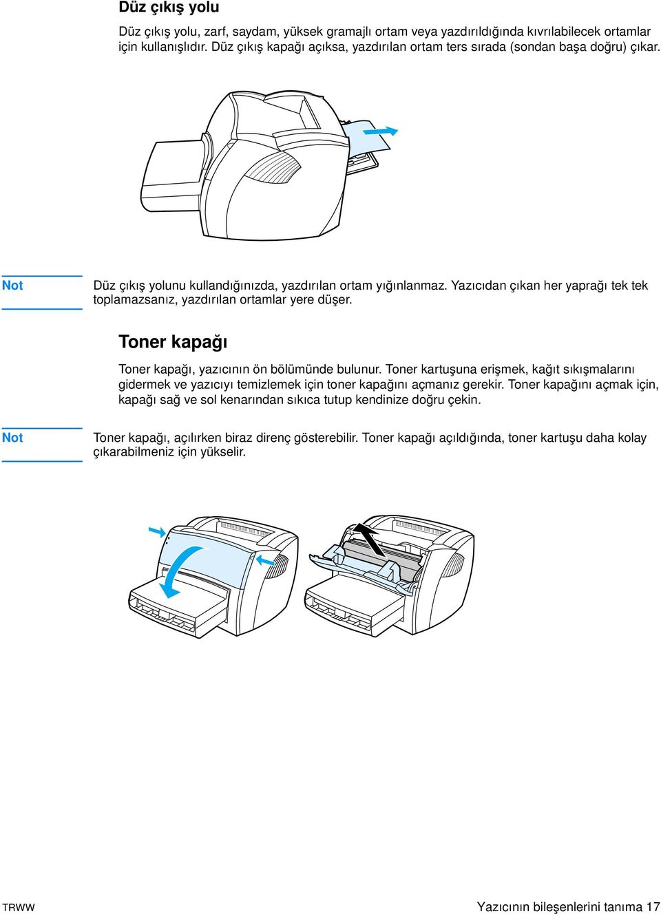 Yazıcıdan çıkan her yaprağı tek tek toplamazsanız, yazdırılan ortamlar yere düşer. Toner kapağı Toner kapağı, yazıcının ön bölümünde bulunur.