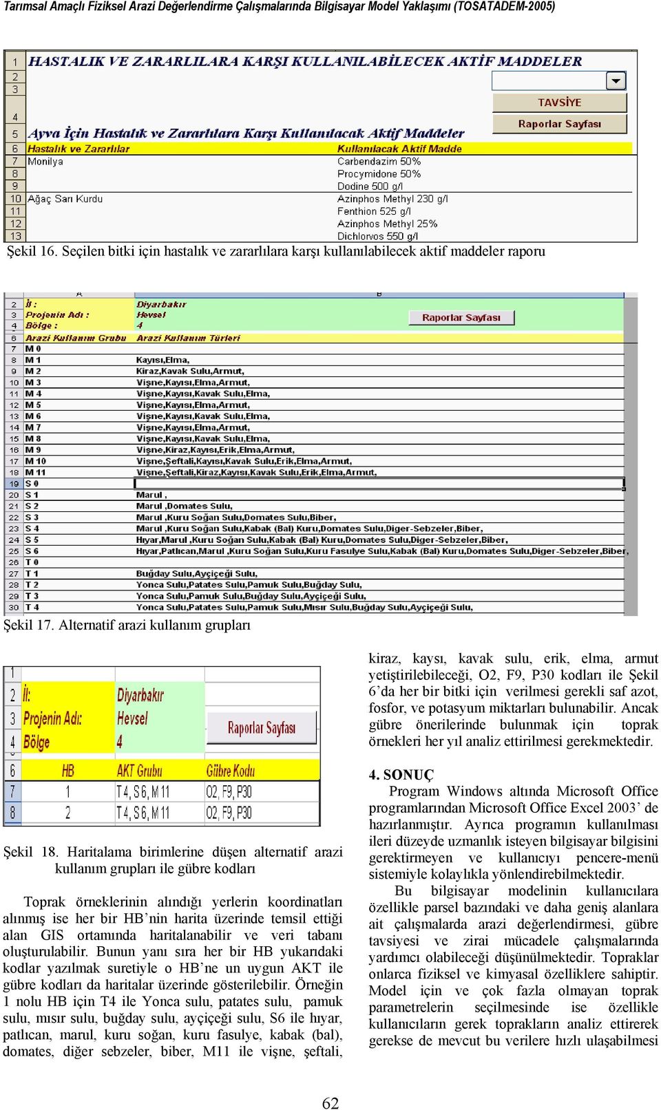 Alternatif arazi kullanım grupları kiraz, kaysı, kavak sulu, erik, elma, armut yetiştirilebileceği, O2, F9, P30 kodları ile Şekil 6 da her bir bitki için verilmesi gerekli saf azot, fosfor, ve