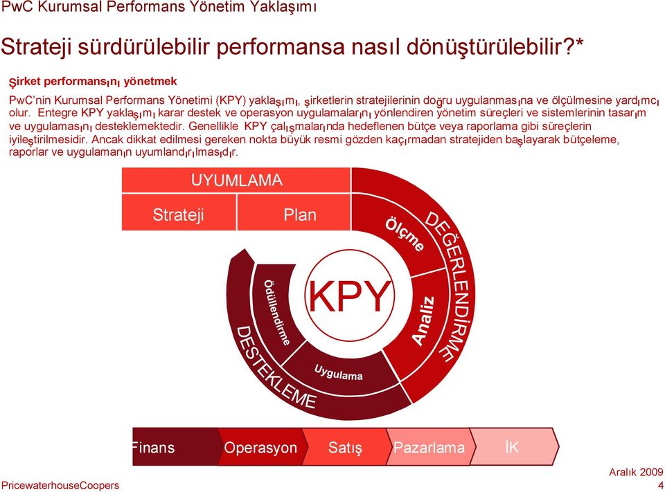 Entegre KPY yaklaşımıkarar destek ve operasyon uygulamalarınıyönlendiren yönetim süreçleri ve sistemlerinin tasarım ve uygulamasınıdesteklemektedir.