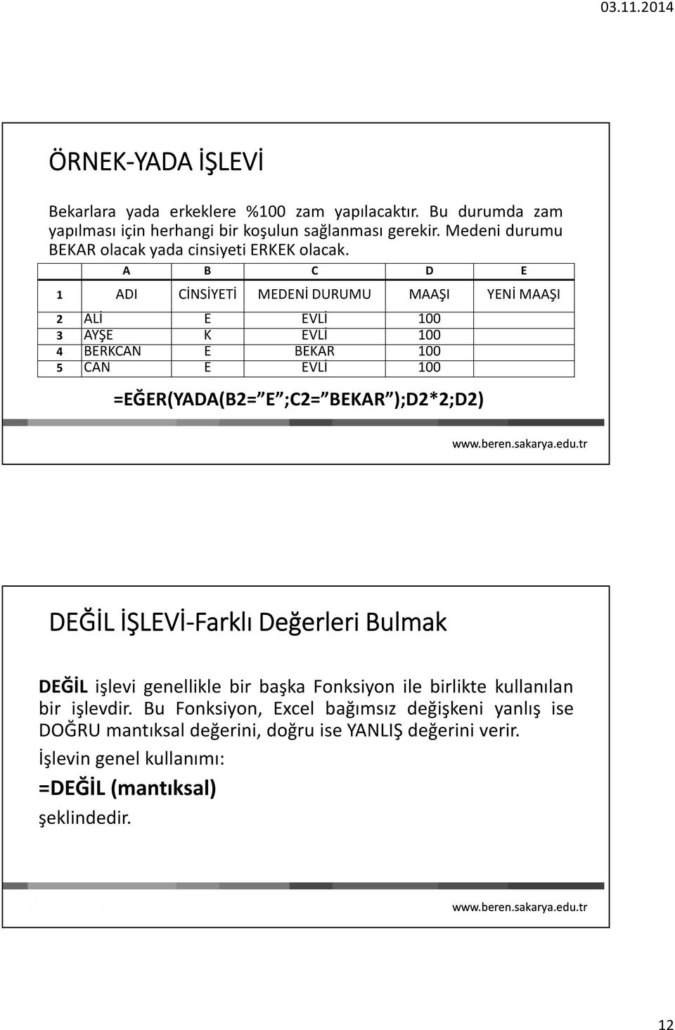 A B C D E 1 ADI CİNSİYETİ MEDENİ DURUMU MAAŞI YENİ MAAŞI 2 ALİ E EVLİ 100 3 AYŞE K EVLİ 100 4 BERKCAN E BEKAR 100 5 CAN E EVLİ 100 =EĞER(YADA(B2= E ;C2= BEKAR