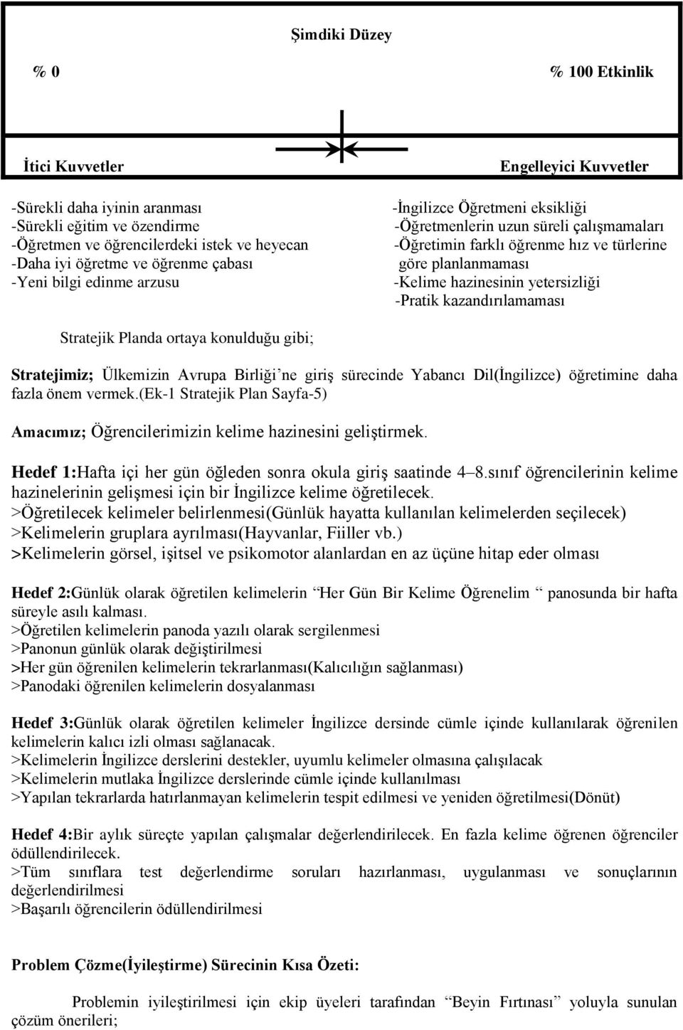 yetersizliği -Pratik kazandırılamaması Stratejik Planda ortaya konulduğu gibi; Stratejimiz; Ülkemizin Avrupa Birliği ne giriş sürecinde Yabancı Dil(İngilizce) öğretimine daha fazla önem vermek.