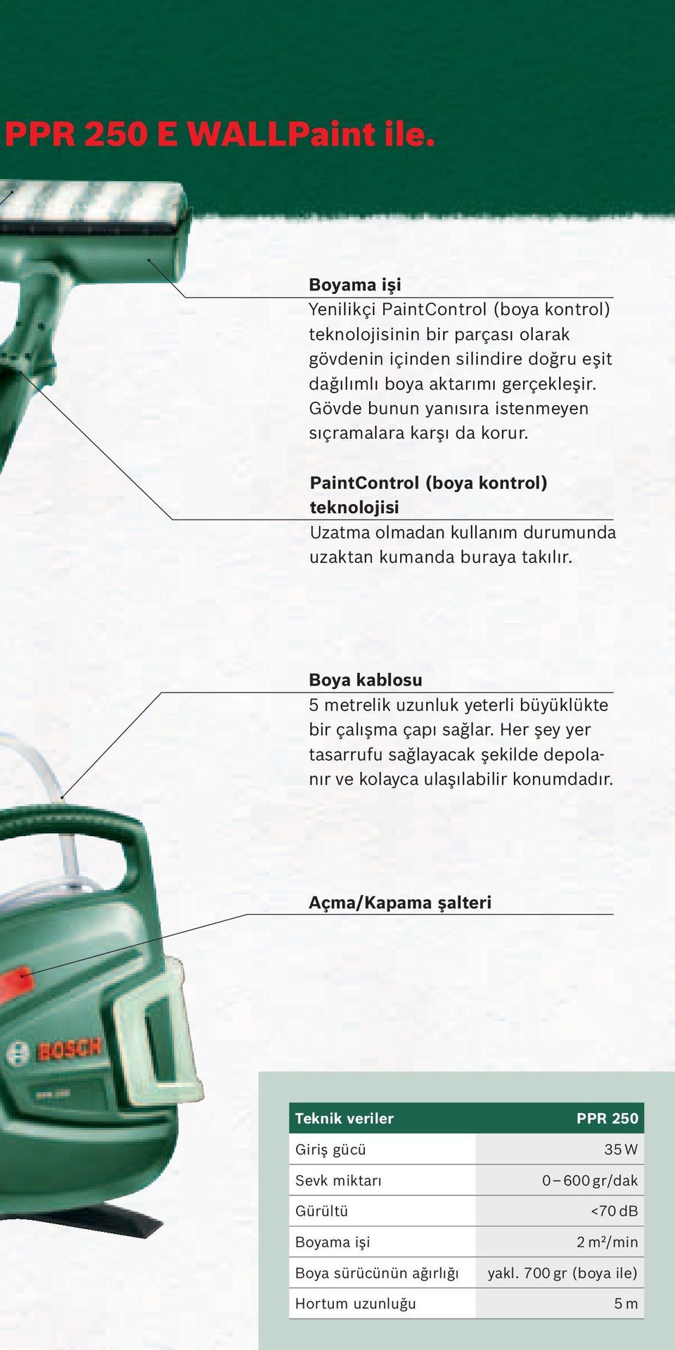 Gövde bunun yanısıra istenmeyen sıçramalara karşı da korur. PaintControl (boya kontrol) teknolojisi Uzatma olmadan kullanım durumunda uzaktan kumanda buraya takılır.