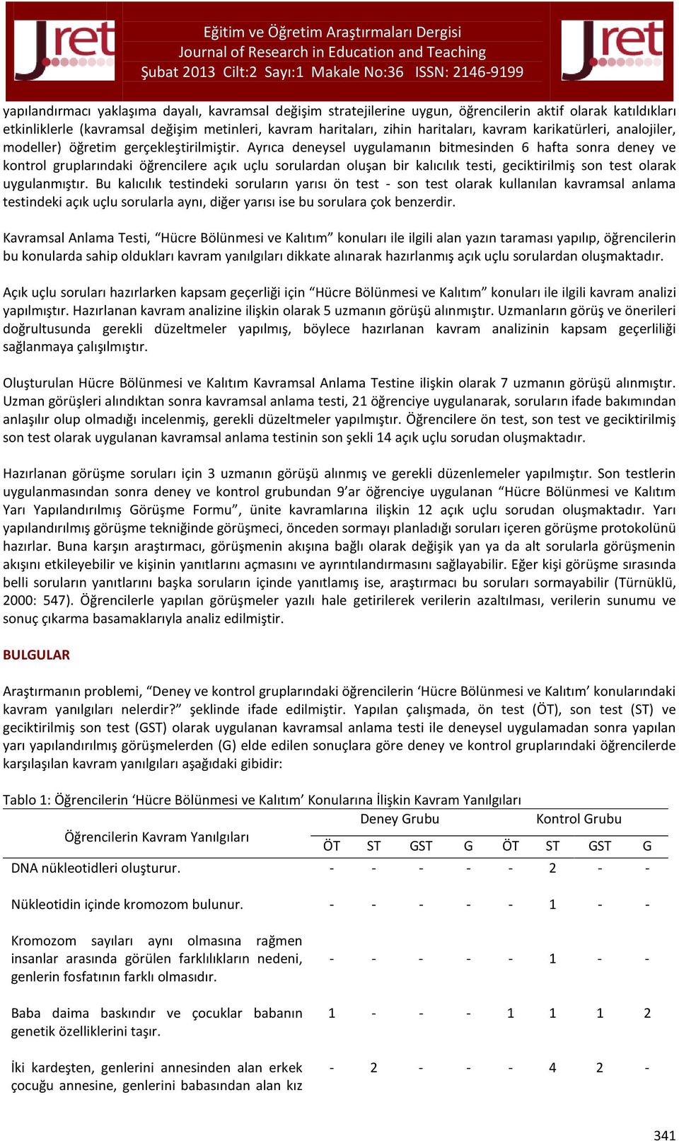 Ayrıca deneysel uygulamanın bitmesinden 6 hafta sonra deney ve kontrol gruplarındaki öğrencilere açık uçlu sorulardan oluşan bir kalıcılık testi, geciktirilmiş son test olarak uygulanmıştır.