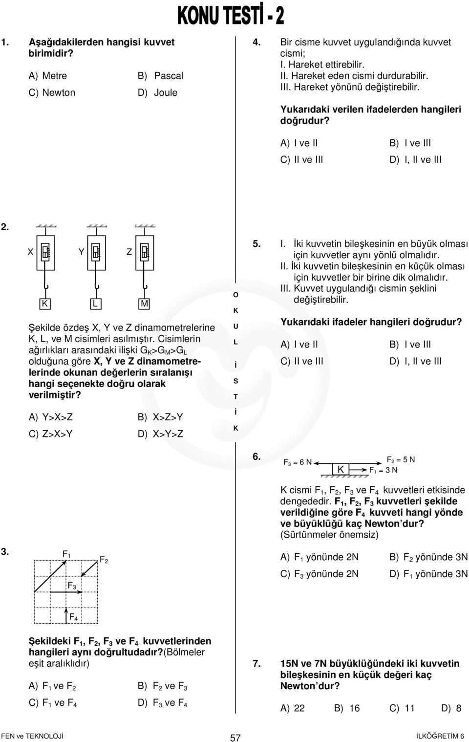 X Y Şekilde özdeş X, Y ve Z dinamometrelerine,, ve M cisimleri asılmıştır.