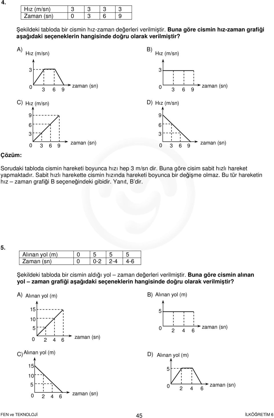 Sabit hızlı harekette cismin hızında hareketi boyunca bir değişme olmaz. Bu tür hareketin hız zaman grafiği B seçeneğindeki gibidir. Yanıt, B dir. 5.