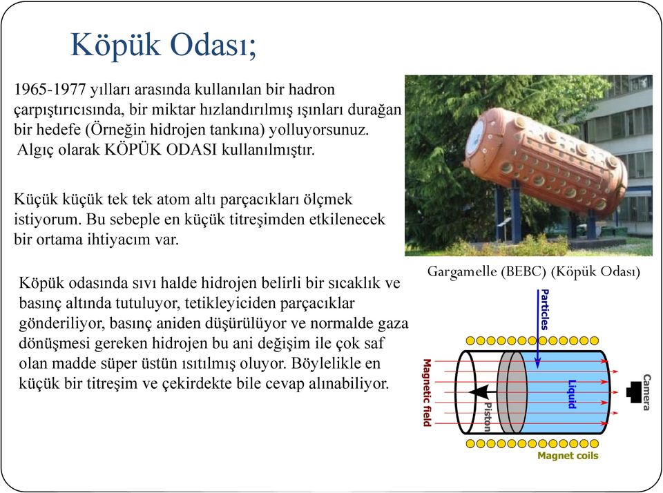 Köpük odasında sıvı halde hidrojen belirli bir sıcaklık ve basınç altında tutuluyor, tetikleyiciden parçacıklar gönderiliyor, basınç aniden düşürülüyor ve normalde gaza dönüşmesi