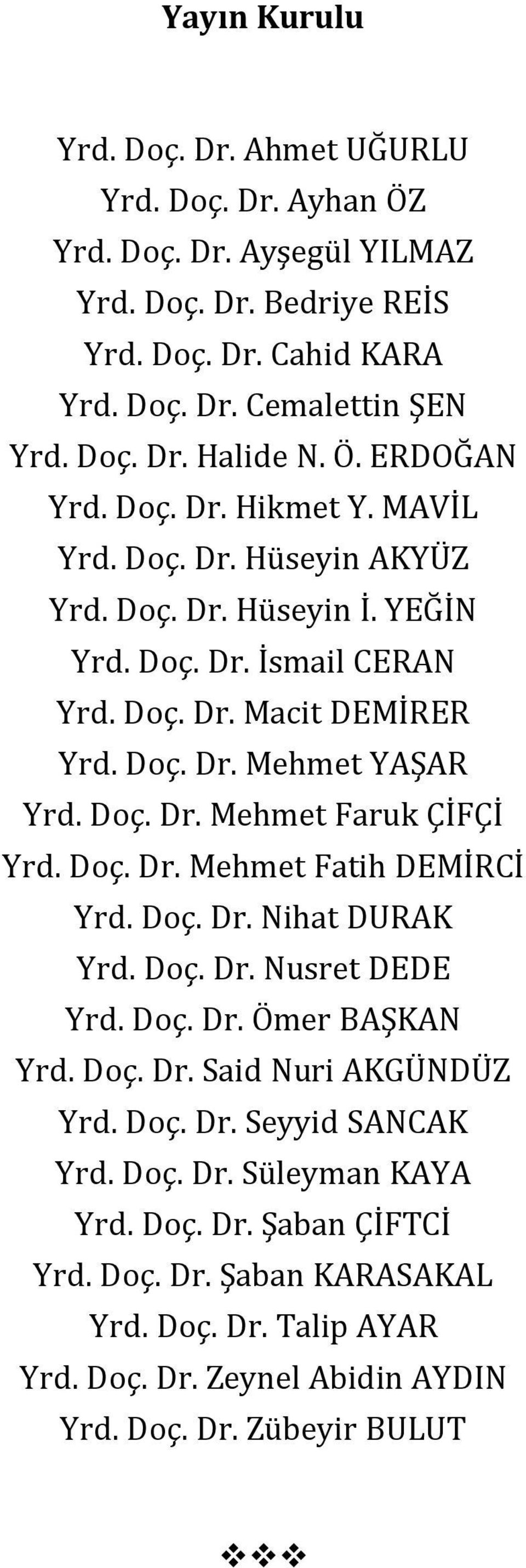 Doç. Dr. Mehmet Faruk ÇİFÇİ Yrd. Doç. Dr. Mehmet Fatih DEMİRCİ Yrd. Doç. Dr. Nihat DURAK Yrd. Doç. Dr. Nusret DEDE Yrd. Doç. Dr. Ömer BAŞKAN Yrd. Doç. Dr. Said Nuri AKGÜNDÜZ Yrd. Doç. Dr. Seyyid SANCAK Yrd.