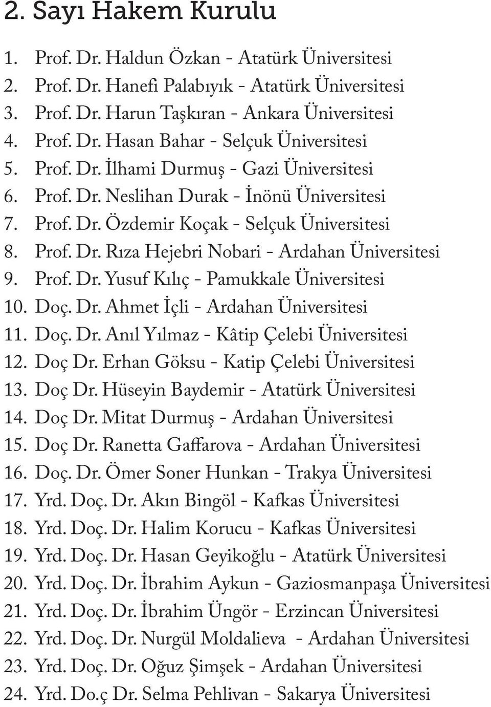 Prof. Dr. Yusuf Kılıç - Pamukkale Üniversitesi 10. Doç. Dr. Ahmet İçli - Ardahan Üniversitesi 11. Doç. Dr. Anıl Yılmaz - Kâtip Çelebi Üniversitesi 12. Doç Dr.