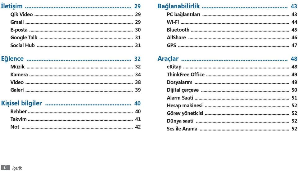 .. 44 Bluetooth... 45 AllShare... 46 GPS... 47 Araçlar... 48 ekitap... 48 ThinkFree Office... 49 Dosyalarım.