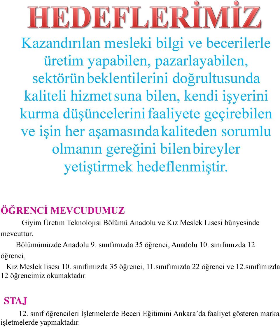 ÖĞRENCİ MEVCUDUMUZ Giyim Üretim Teknolojisi Bölümü Anadolu ve Kız Meslek Lisesi bünyesinde mevcuttur. Bölümümüzde Anadolu 9. sınıfımızda 35 öğrenci, Anadolu 10.