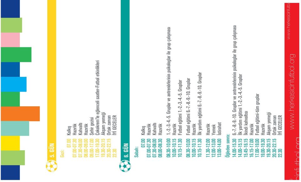 -10. Gruplar 10.00-10.15 Haz rl k 10.15-11.30 lk yard m e itimi 6.-7.-8.-9.-10. Gruplar 11.30-12.00 Haz rl k 12.00-13.00 Yemek Ö leden sonra: 14.00-15.30 6.-7.-8.-9.-10. Gruplar ve antrenörlerinin psikologlar ile grup çal flmas 14.