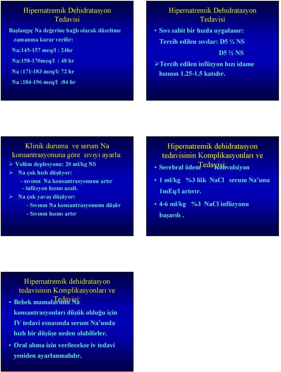 Klinik duruma ve serum Na konsantrasyonuna göre sıvıyı ayarla: Volüm deplesyonu: 20 ml/kg NS Na çok hızlı düşüyor: -sıvının Na konsantrasyonunu artır - infüzyon hızını azalt.