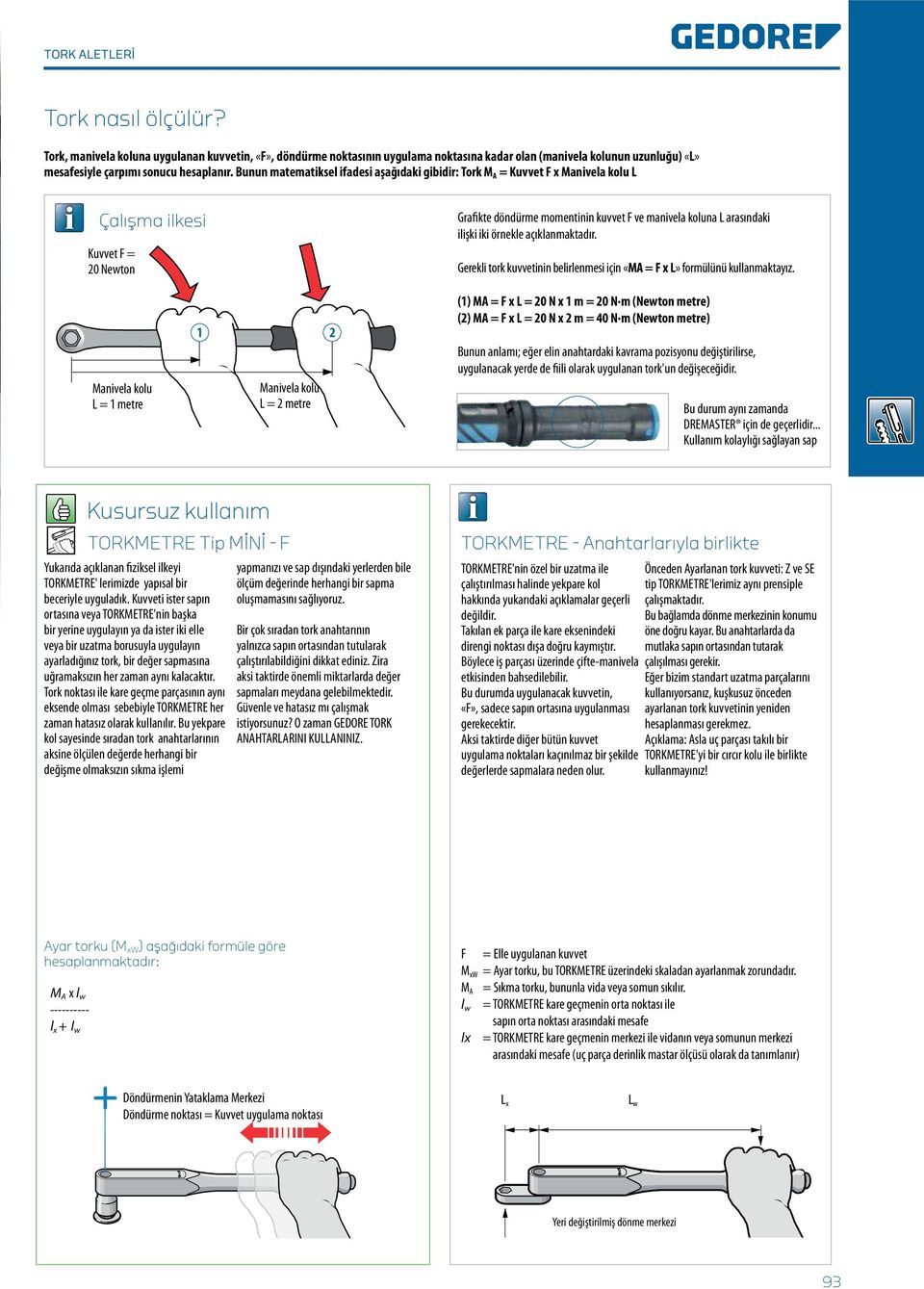 Bunun matematiksel ifadesi aşağıdaki gibidir: Tork M A = Kuvvet F x Manivela kolu L Çalışma ilkesi Kuvvet F = 20 Newton Grafikte döndürme momentinin kuvvet F ve manivela koluna L arasındaki ilişki