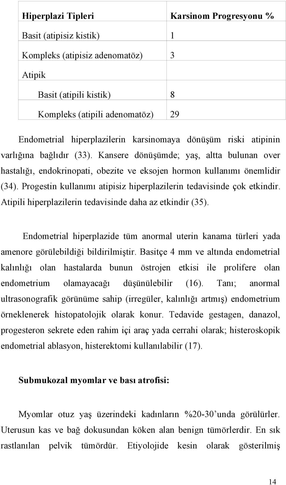 Progestin kullanımı atipisiz hiperplazilerin tedavisinde çok etkindir. Atipili hiperplazilerin tedavisinde daha az etkindir (35).