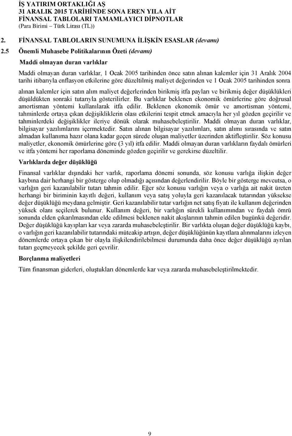 etkilerine göre düzeltilmiş maliyet değerinden ve 1 Ocak 2005 tarihinden sonra alınan kalemler için satın alım maliyet değerlerinden birikmiş itfa payları ve birikmiş değer düşüklükleri düşüldükten