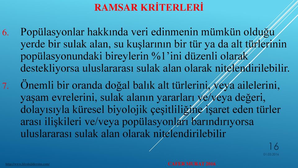 bireylerin %1 ini düzenli olarak destekliyorsa uluslararası sulak alan olarak nitelendirilebilir. 7.