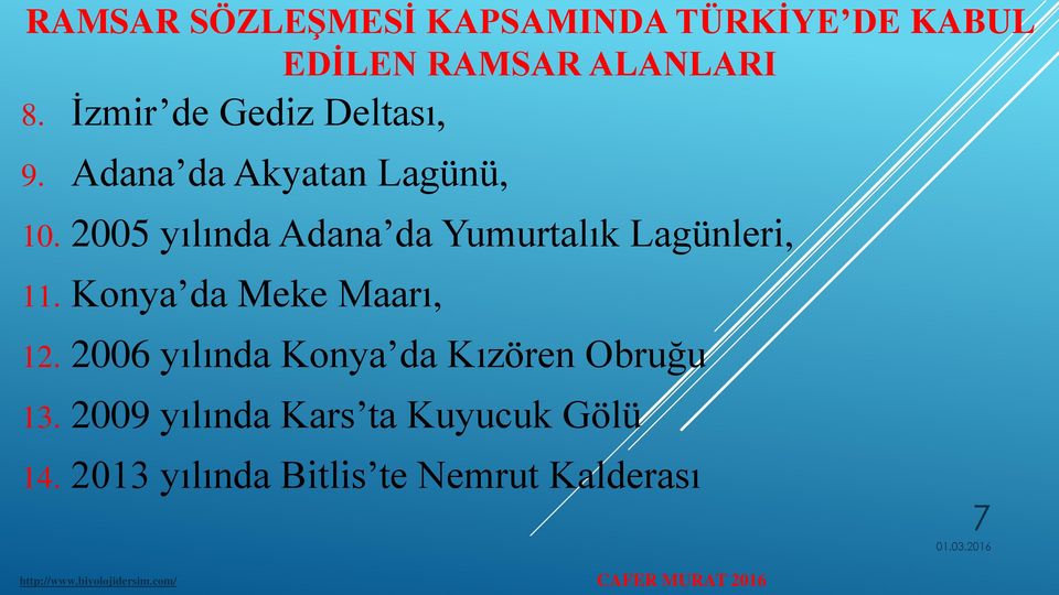 2005 yılında Adana da Yumurtalık Lagünleri, 11. Konya da Meke Maarı, 12.