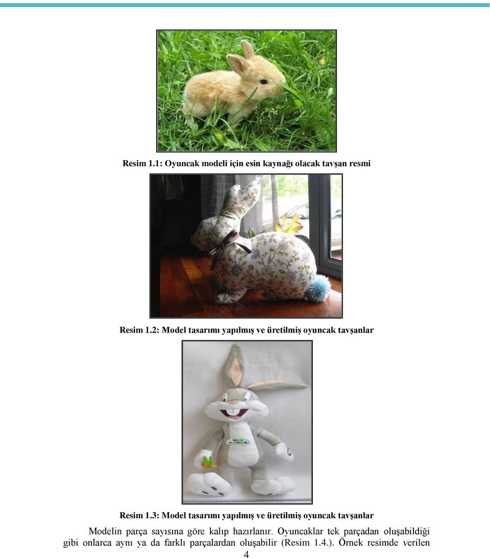 3: Model tasarımı yapılmış ve üretilmiş oyuncak tavşanlar Modelin parça sayısına göre kalıp