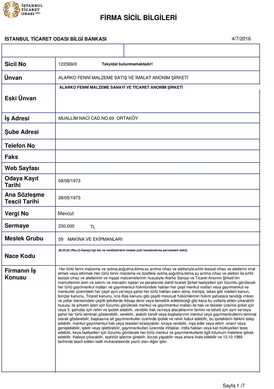 000 TL Meslek Grubu Nace Kodu Firmanın İş Konusu 59 MAKİNA VE EKİPMANLARI 28.25.02 (Rev.