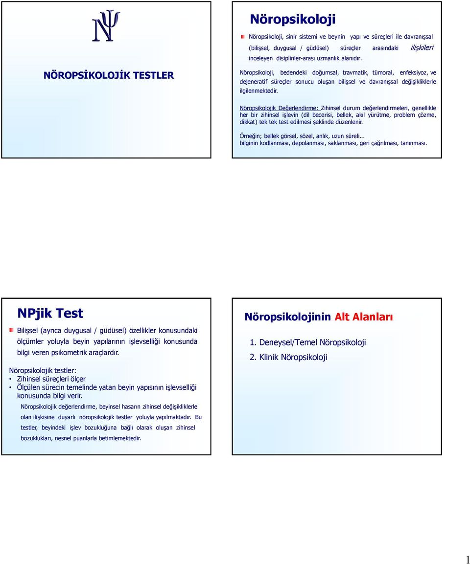 Nöropsikolojik Değerlendirme: Zihinsel durum değerlendirmeleri, genellikle her bir zihinsel işlevin (dil becerisi, bellek, akıl yürütme, problem çözme, dikkat) tek tek test edilmesi şeklinde