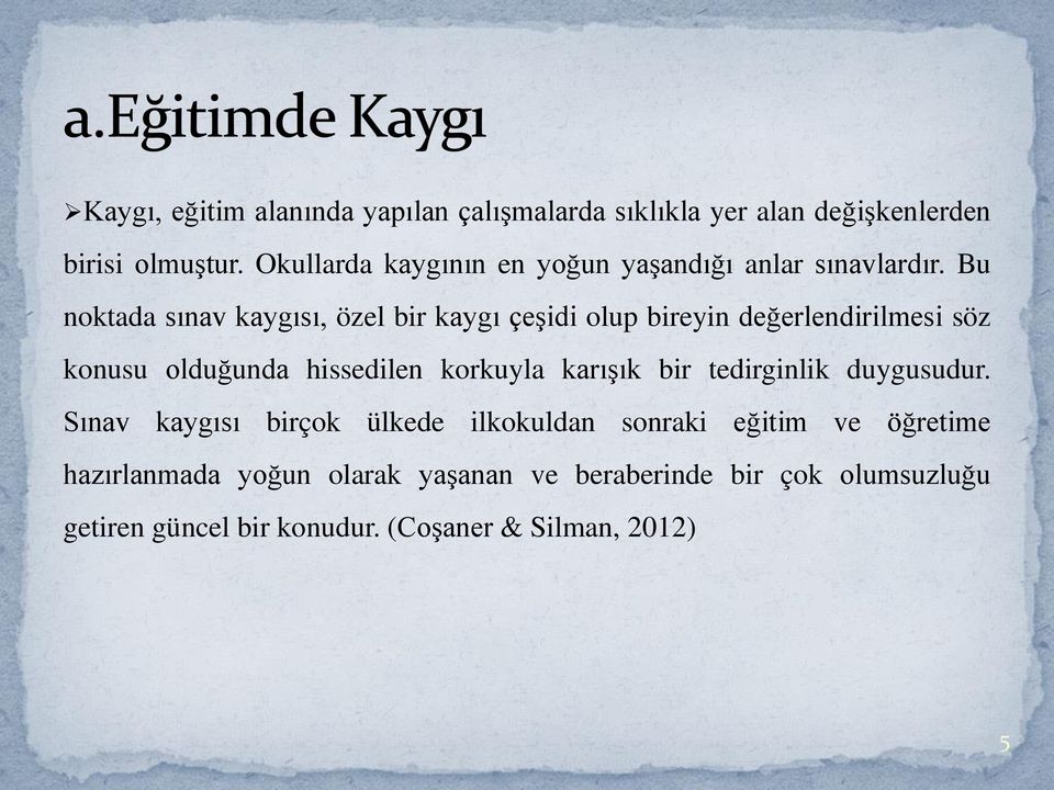 Bu noktada sınav kaygısı, özel bir kaygı çeşidi olup bireyin değerlendirilmesi söz konusu olduğunda hissedilen korkuyla