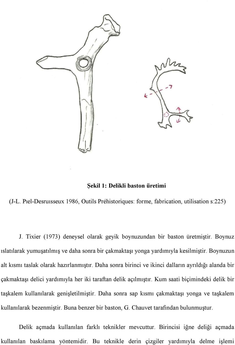 Daha sonra birinci ve ikinci dalların ayrıldığı alanda bir çakmaktaşı delici yardımıyla her iki taraftan delik açılmıştır. Kum saati biçimindeki delik bir taşkalem kullanılarak genişletilmiştir.